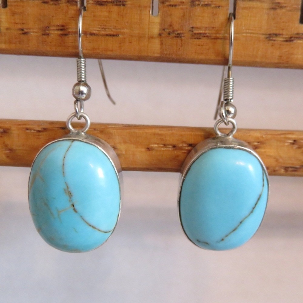 Sterling Silver Turquoise‎ Oval Drop Earrings 925 Southwestern Dangle